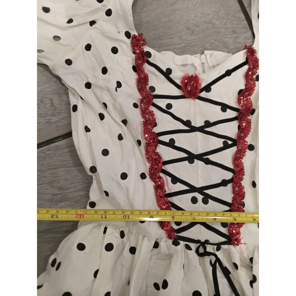 Kids White Black Polka Dot Costume Dress Red Sequin Trim Lace Up Bodice